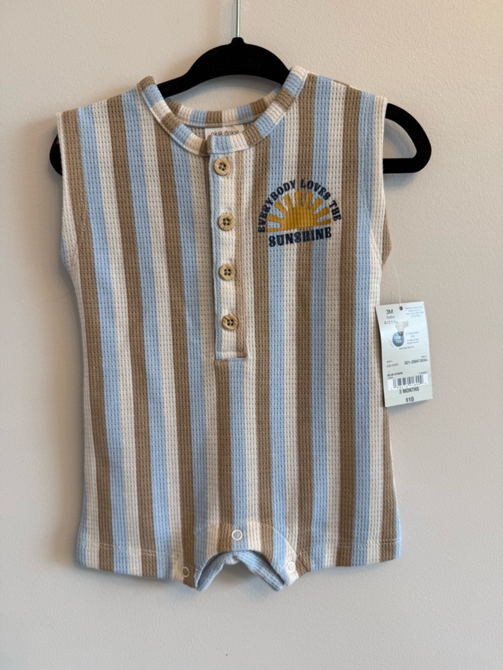 3 month okie dokie Blue, Tan & Cream Striped Baby Romper with Sunshine Graphic